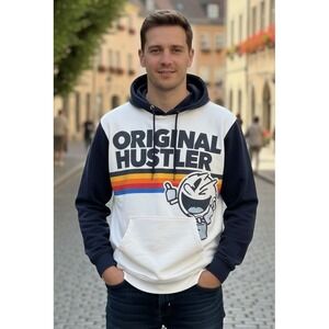 Pac Man Original Hustler Graphic Hoodie Men's XL White Blue Pullover Sweatshirt